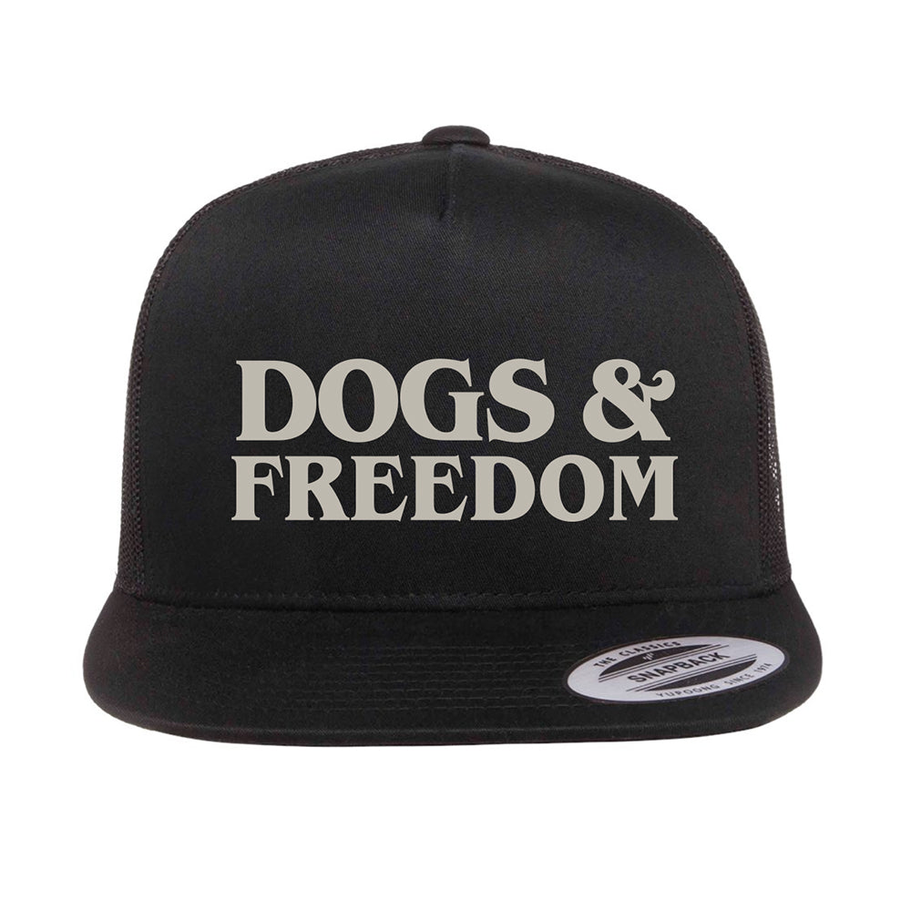 Dogs & Freedom Black -Embroidered 5 Panel Snap Back Trucker Hat